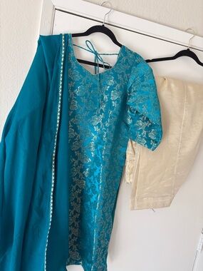 Teal Chikankari-Style Indian outfit Kameez with Cream Bottom 3 piece Indian suit